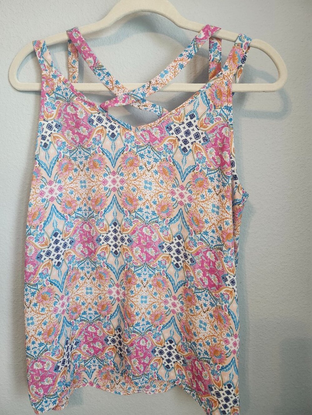 Pink Rose Pink Blue Floral Paisley Strappy Tank Top Size L